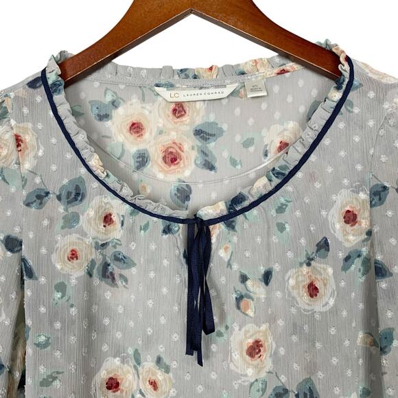 LC Lauren Conrad Blouse Grey Floral Top Neck Tie Swiss Dot Women's XS - Picture 2 of 6